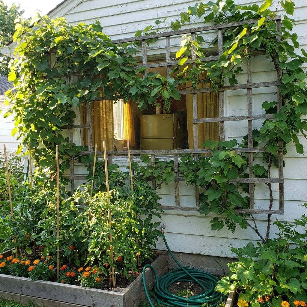 Trellised Grape Vines Grown Specifically to Shade the Kitchen Window