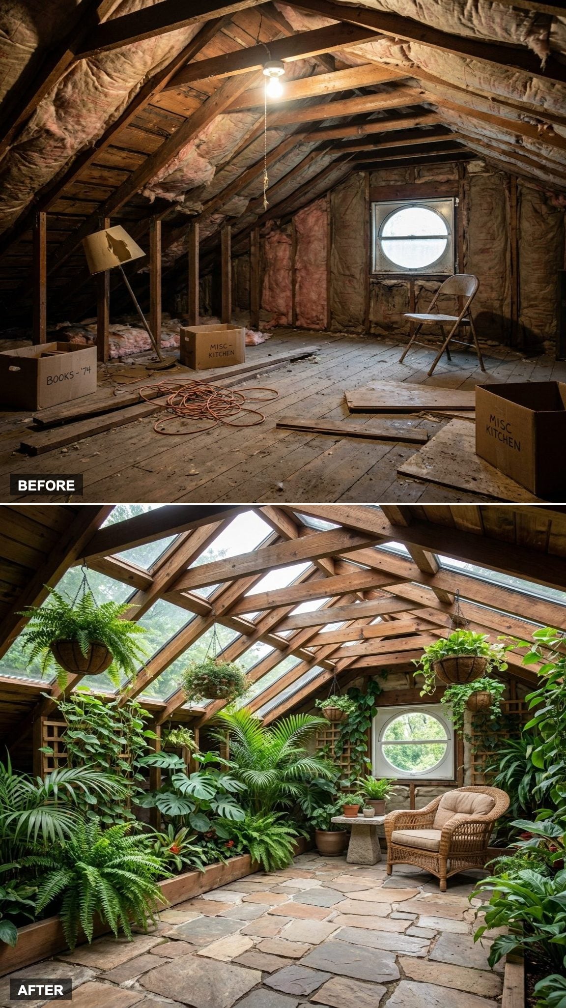 Stone Flooring and Skylights Support an Indoor Attic Conservatory