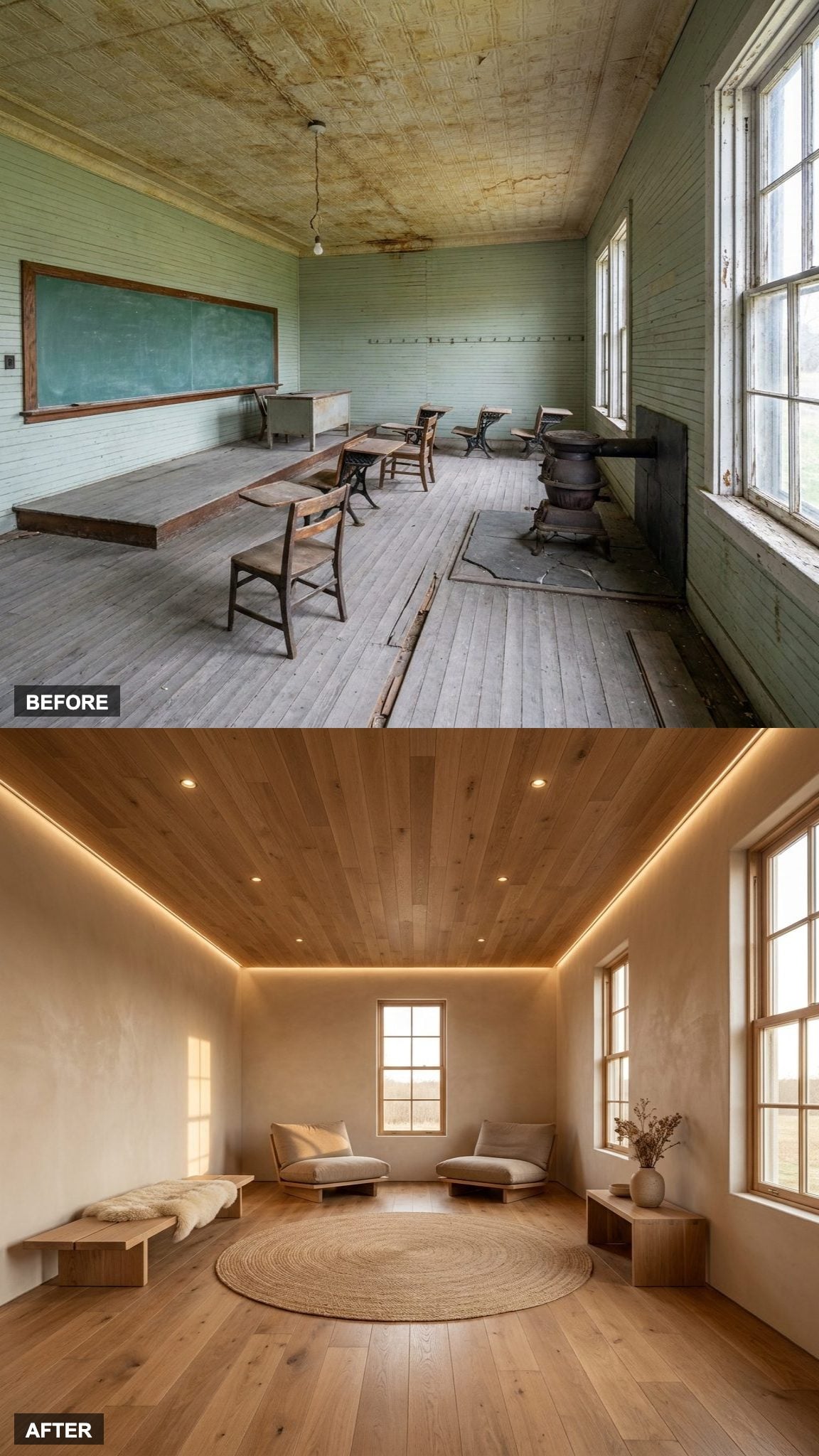 Uncluttered, Natural, and Lit Like Late Afternoon: A Warm Minimalist Retreat Inside an Old Schoolhouse Shell