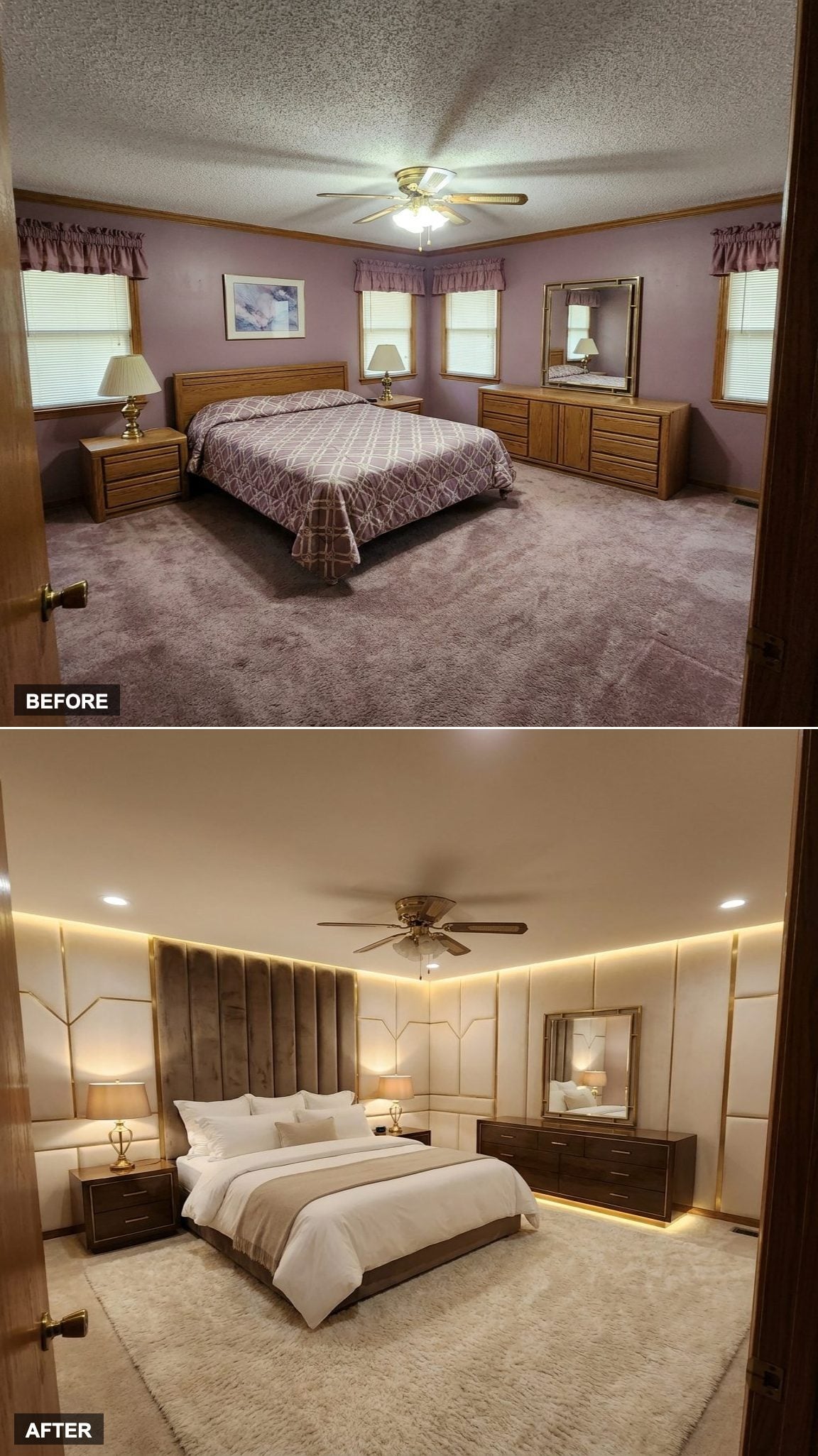Upholstered Wall Panels and an Oversized Headboard Make This Feel Like a Five-Star Suite