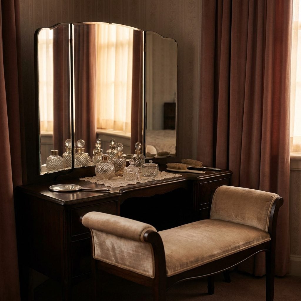 A Vanity in the Bedroom With a Padded Bench and Perfume Bottles