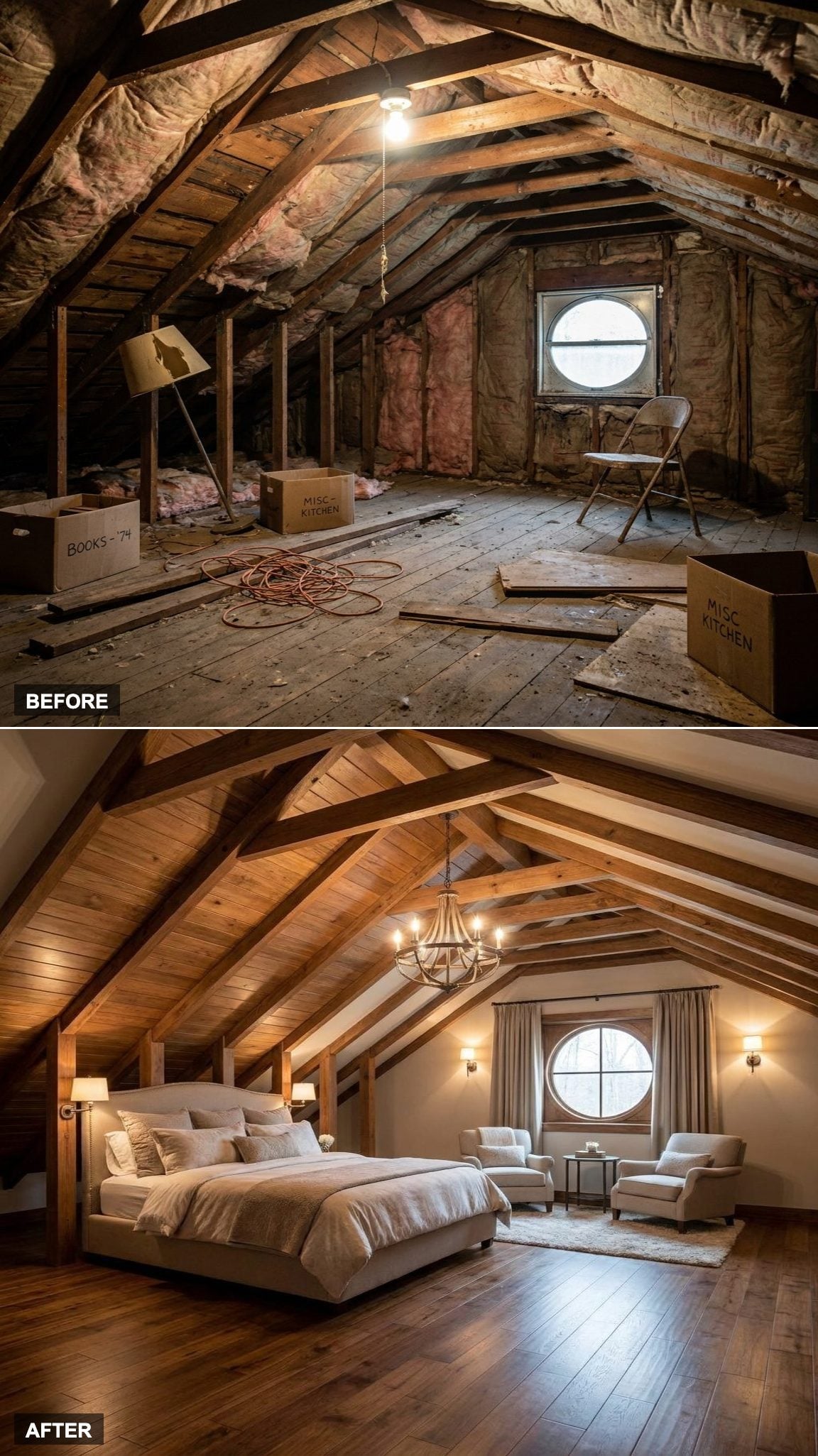 Vaulted Beams and a King-Size Bed Turn the Attic Into a Primary Suite