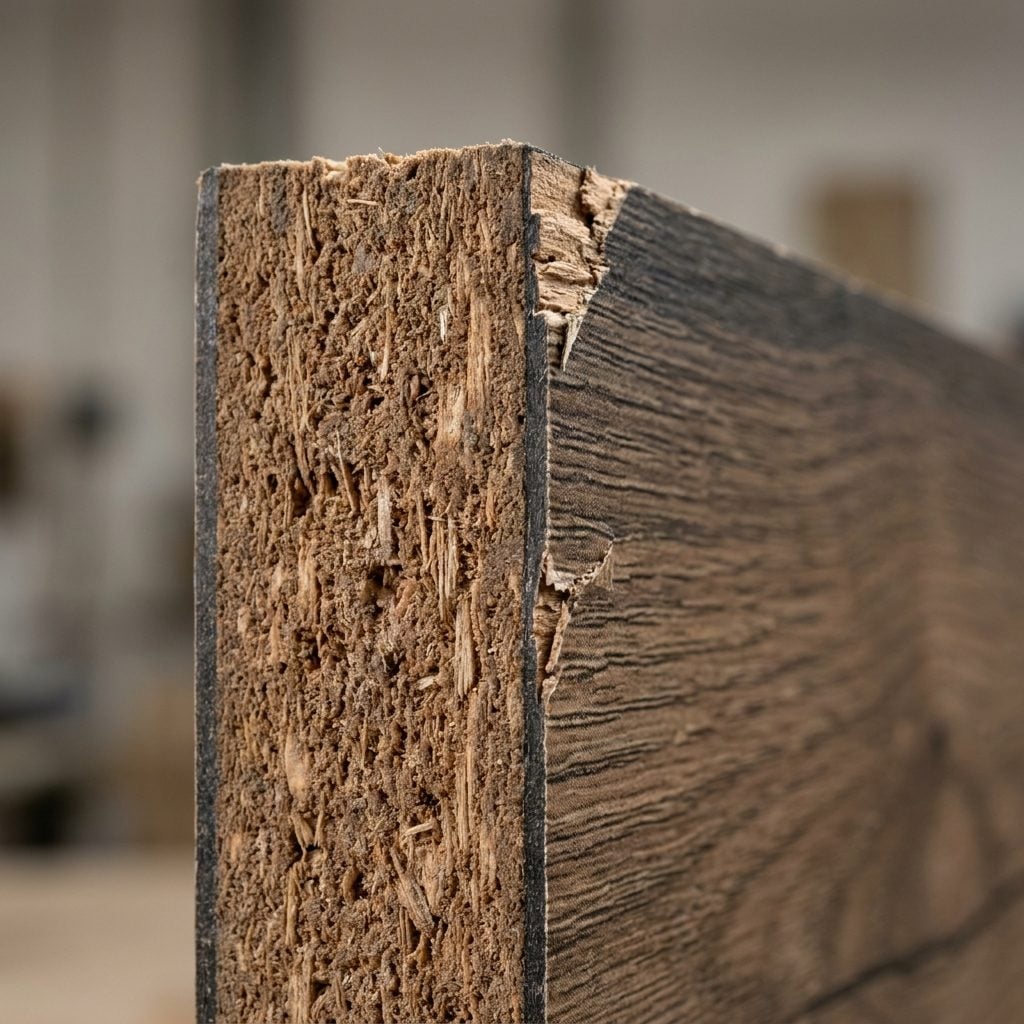 The Veneer Edge Where a Panel Had Been Trimmed and the Particleboard Showed Through