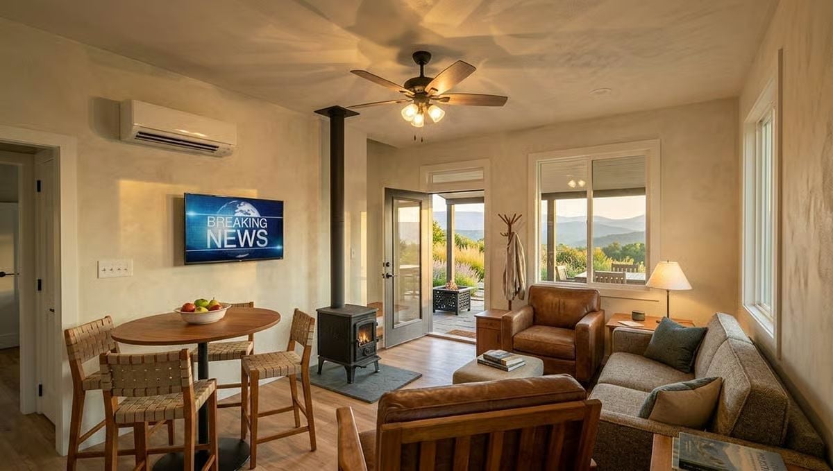 Breaking News on the Wall, Mountains Out the Door
