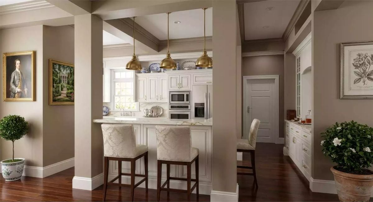 Brass Pendants and Blue-and-White China Turn a Kitchen Pass-Through Into a Focal Point