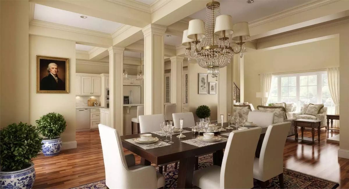 Crystal Chandelier and Dark Wood Table Set the Tone for Formal Dining Done Right