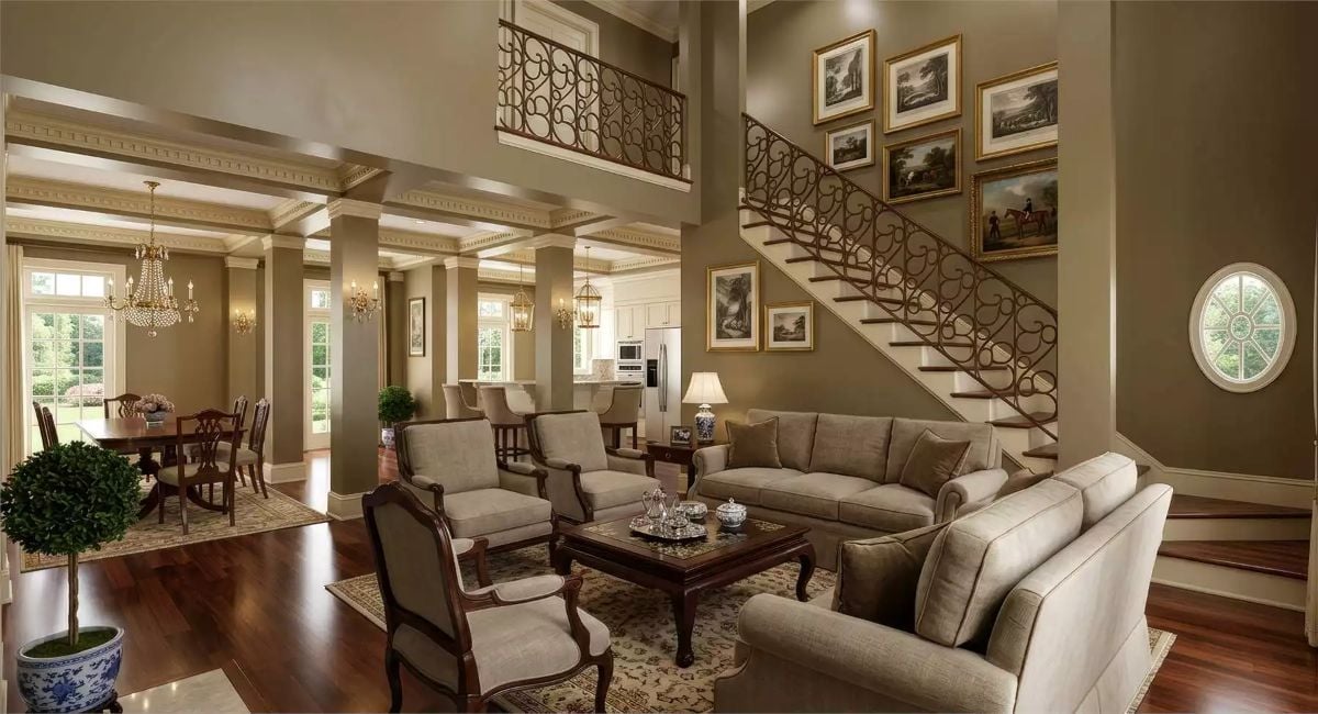 Ornate Iron Balcony Railing Steals the Show in This Two-Story Great Room
