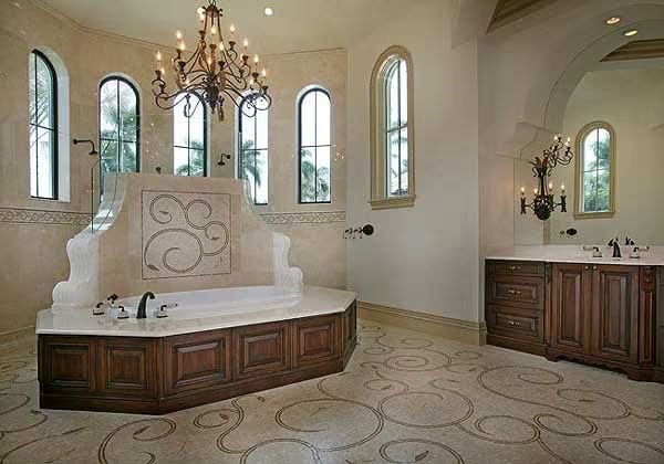Mosaic Floor, Chandelier Firelight, and a Bath That Reads Like a Chapel