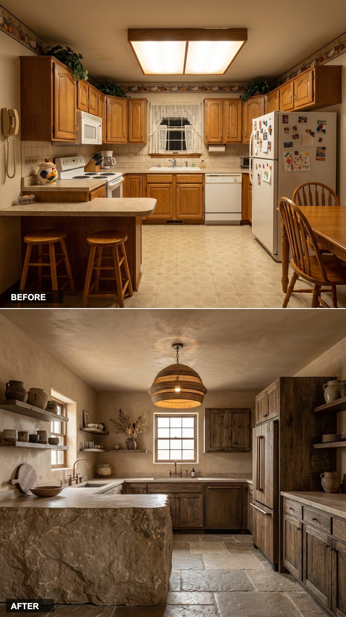 Wabi-Sabi Luxury Kitchen with Textured Plaster Walls, Natural Stone, and Handcrafted Oak Cabinetry