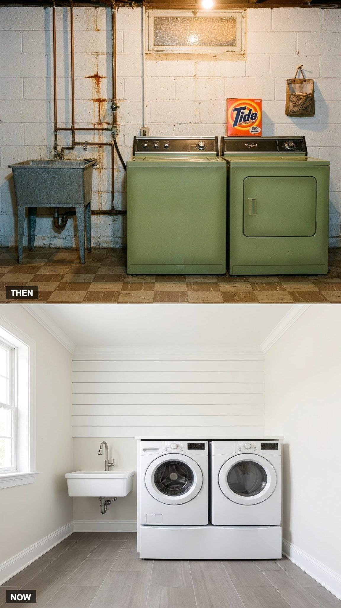 The Walls: Raw Concrete Block vs. Finished Drywall With Trim