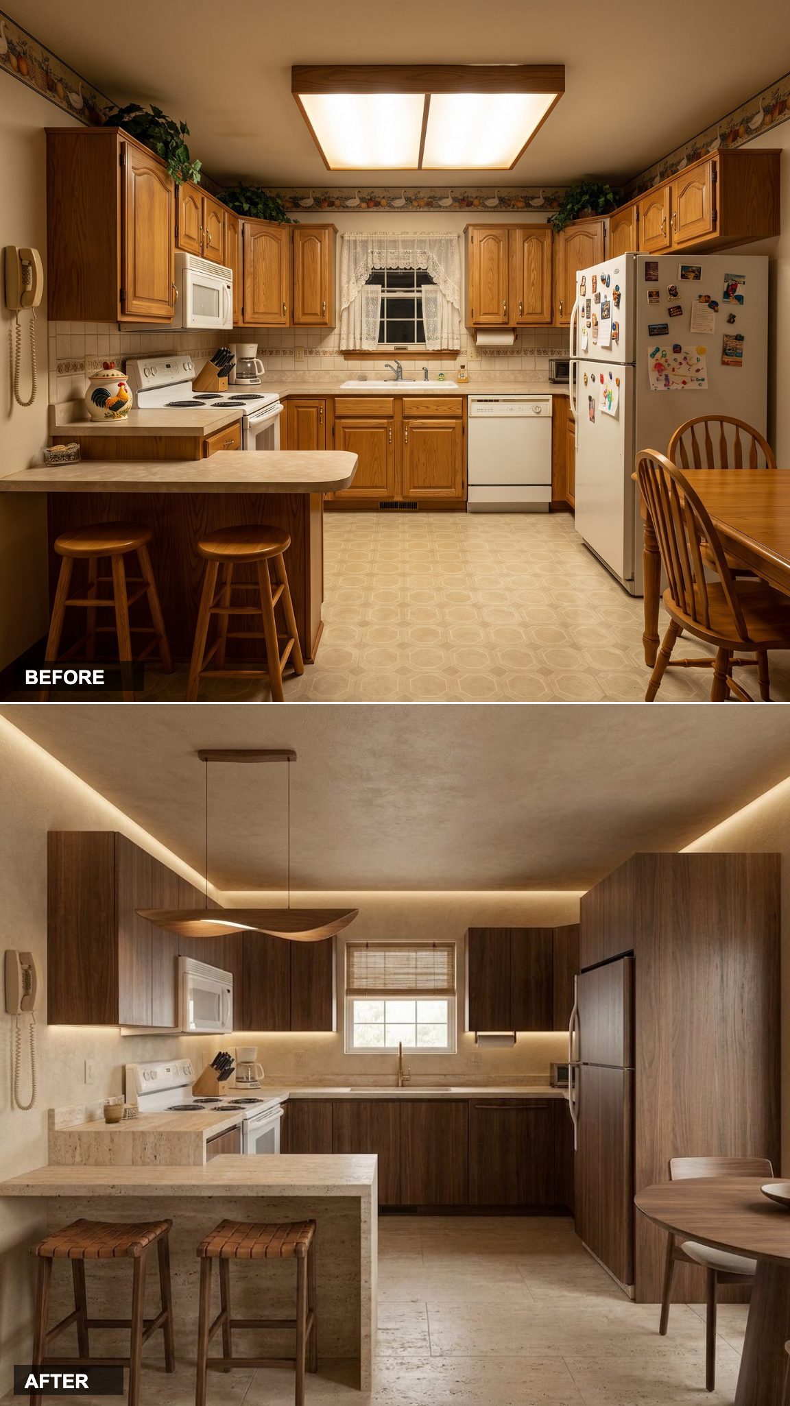 Walnut Cabinetry, Travertine, and Textured Plaster Walls Turn This Kitchen Into Something Between a Spa and a Gallery
