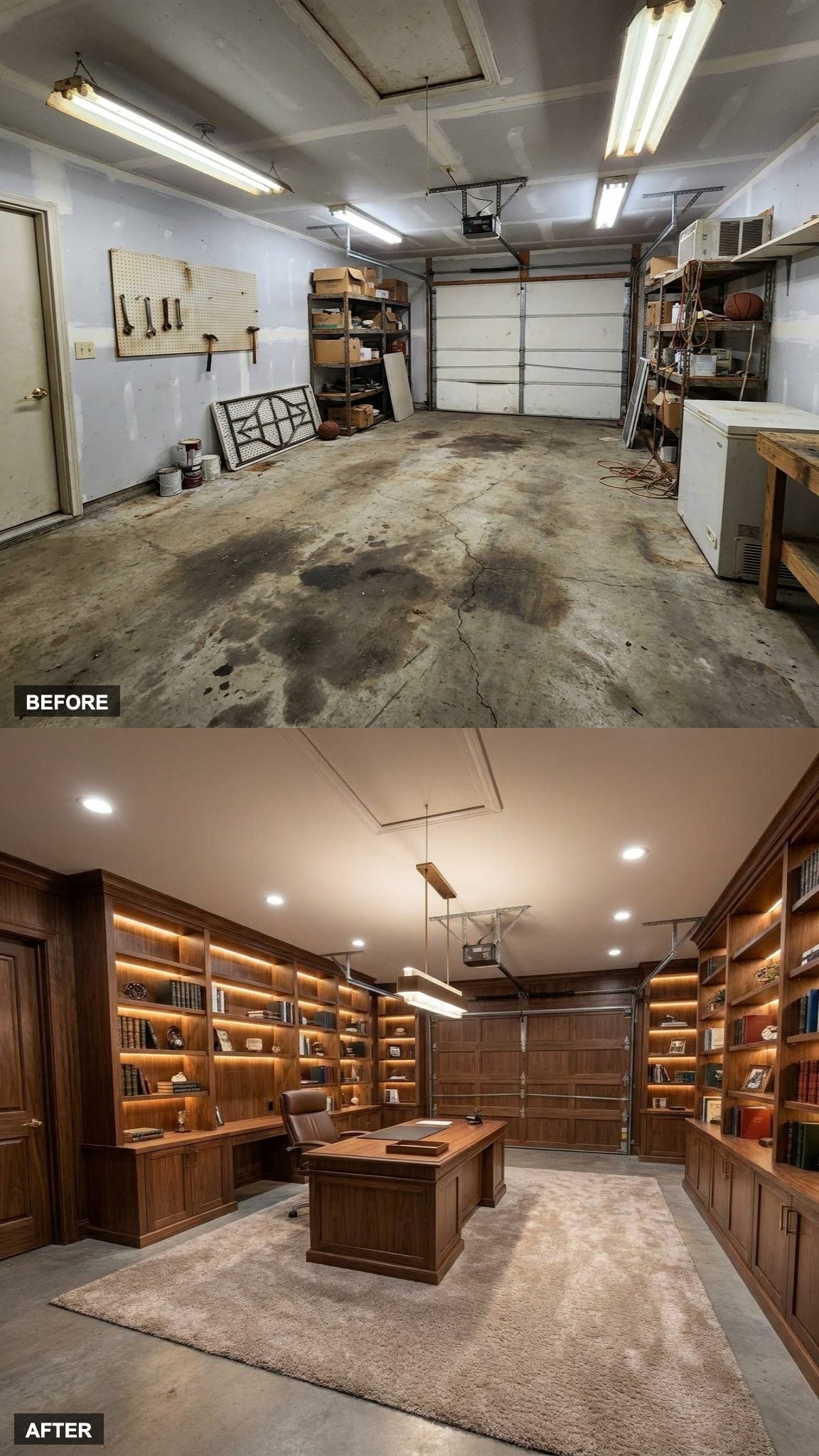 Walnut Desk, Built-In Bookshelves, and a Fireplace in a Garage Turned Executive Retreat