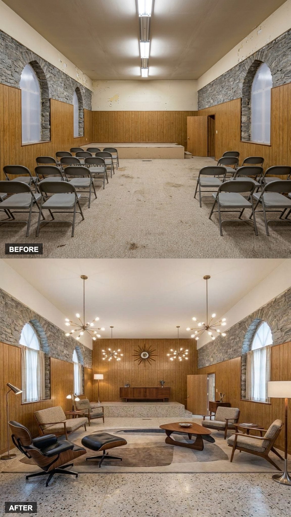 Walnut Furniture and Terrazzo Floors Give the Stone Church a Mid-Century Modern Showcase Moment