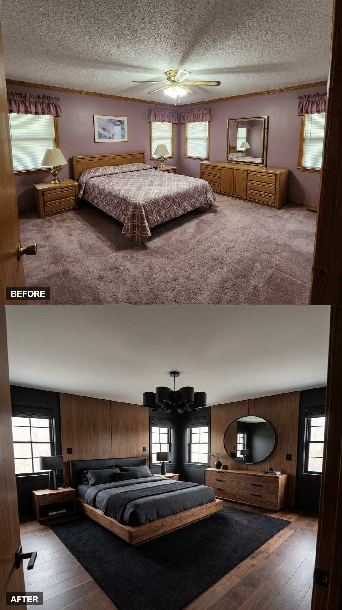 Walnut Paneling and Matte Black Hardware Give the Bedroom a Tailored, Modern Edge