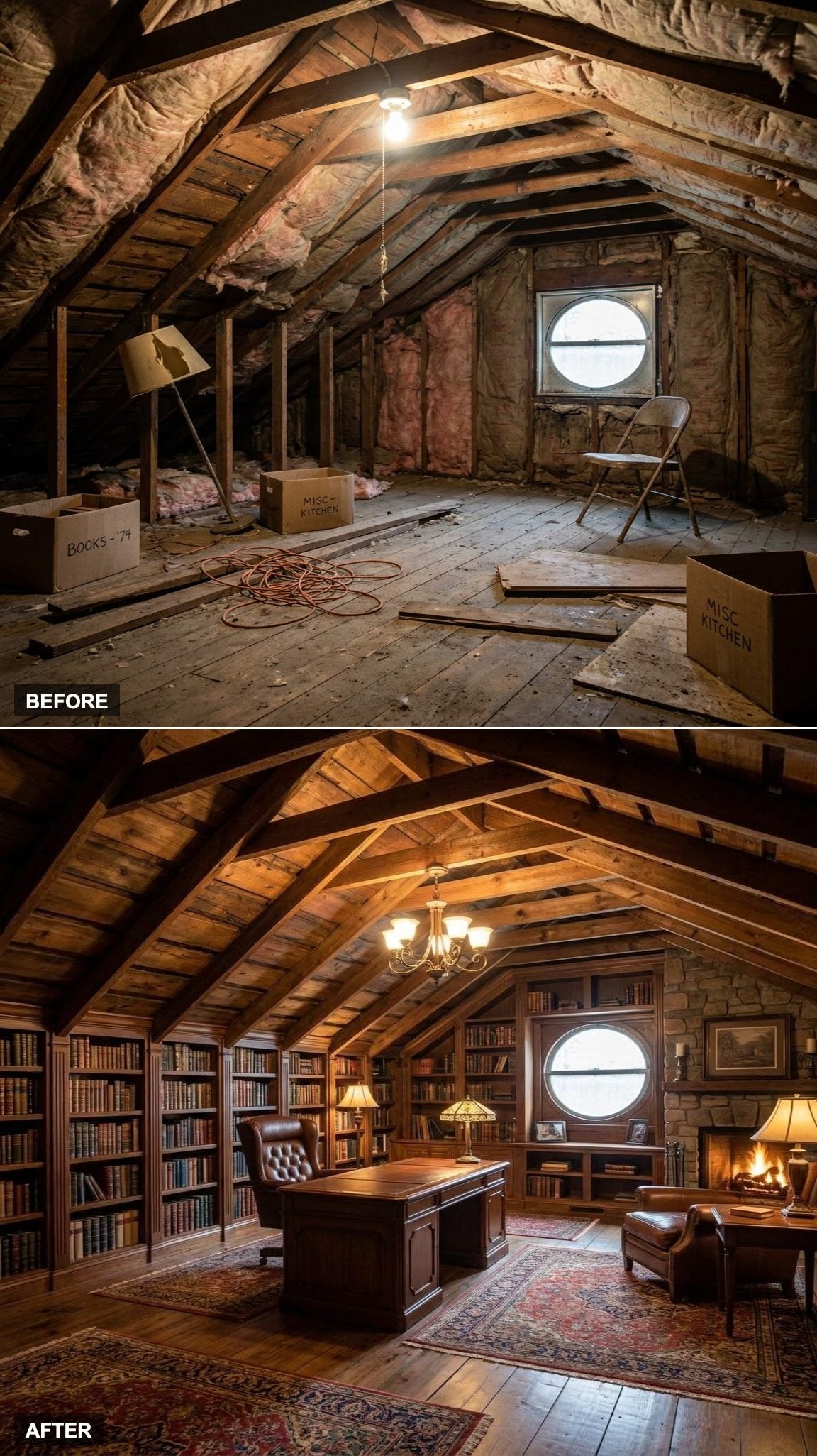 Walnut Shelves and a Fireplace Create a Dark Executive Library