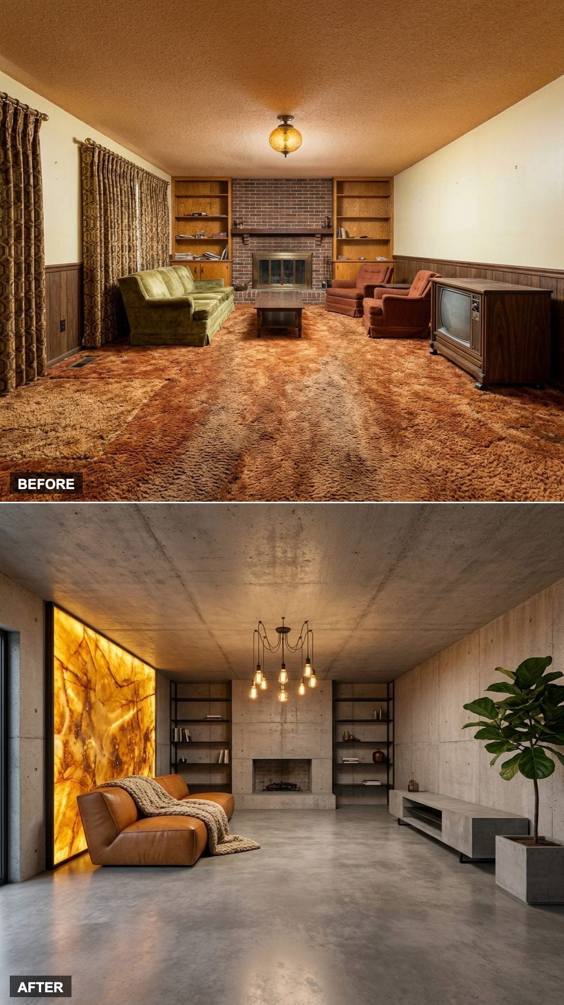 Warm Brutalist Drama with Poured Concrete and Amber Resin Panels