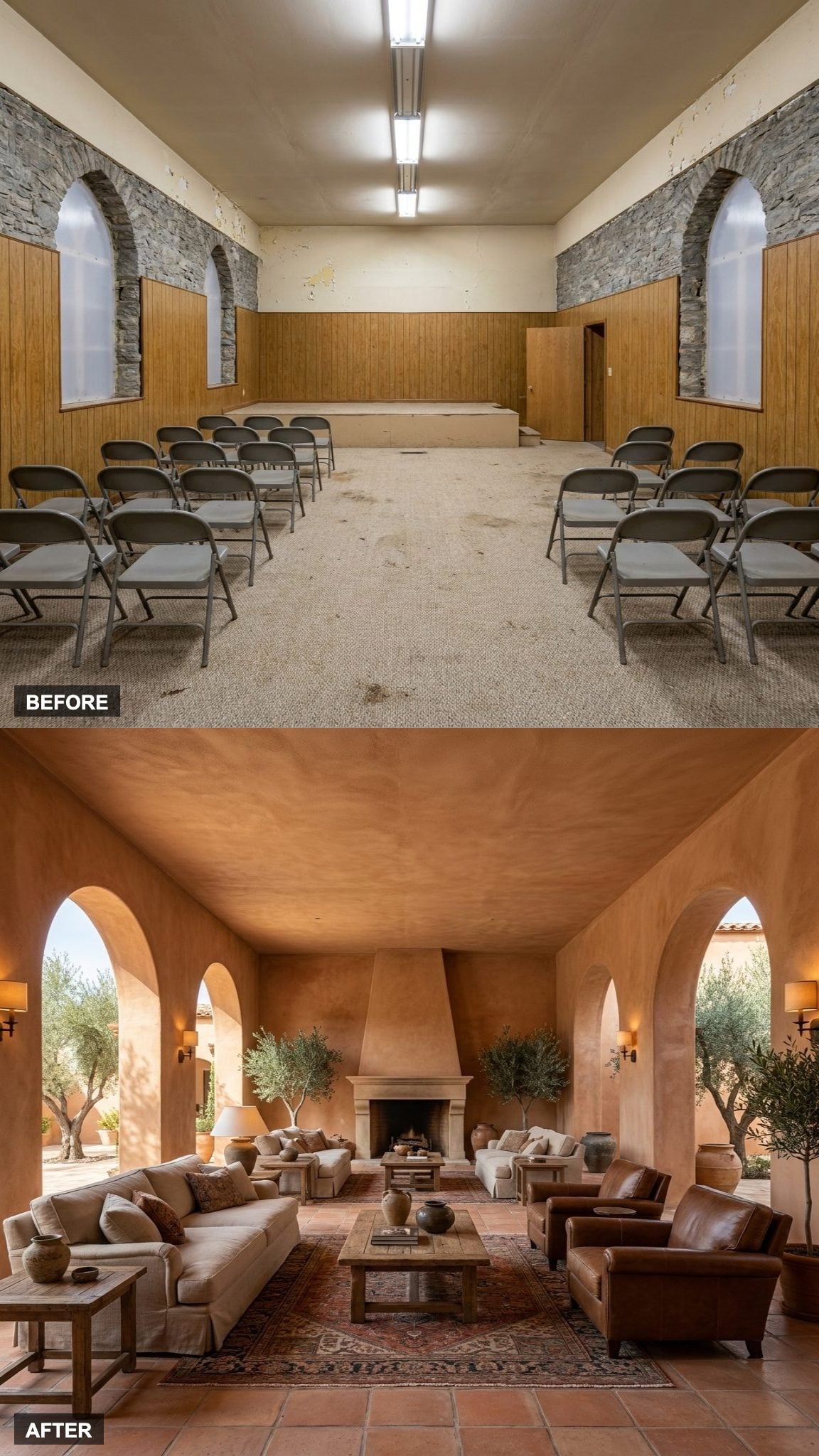 Warm Plaster Walls and Terracotta Floors Turn a Cold Stone Shell Into a Mediterranean Villa Living Hall