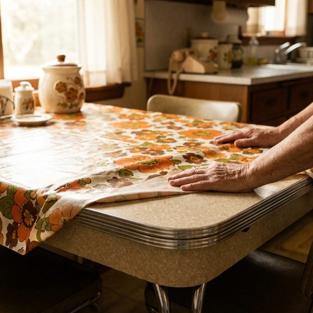 The Wax Tablecloth Laid Over the Formica for Company