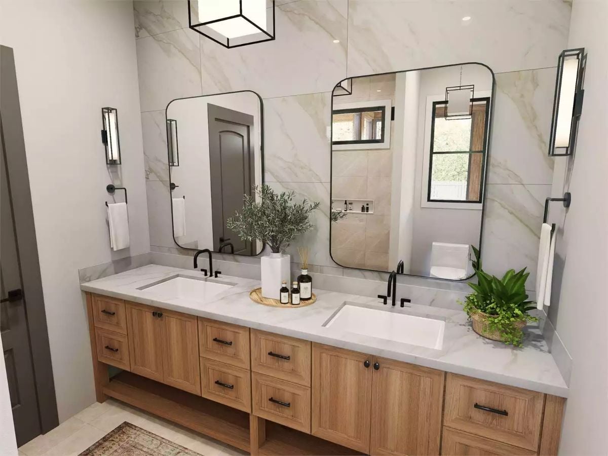 Double Vanity With Warm Wood Cabinets That Actually Feels Lived In