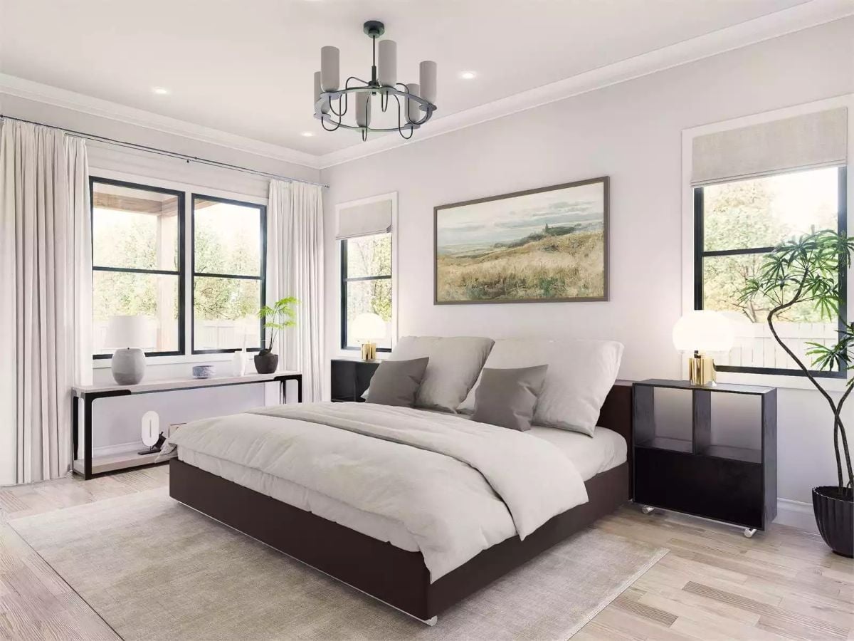 Warm Neutrals and a Low-Profile Bed Frame Keep This Primary Suite Grounded