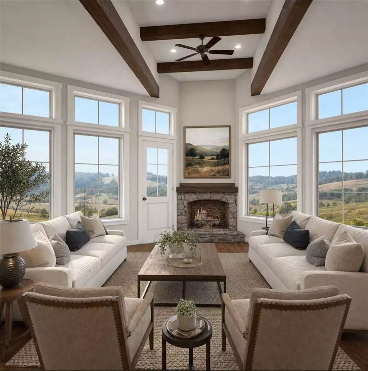 Exposed Beams, Stone Fireplace, and Rolling Hills You Can Actually See From the Sofa