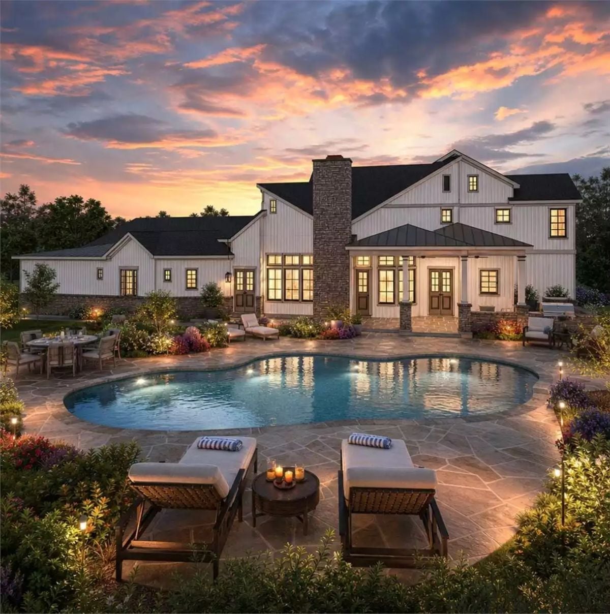 Freeform Pool, Stone Chimney, and a Patio That Knows What Time of Day It Is