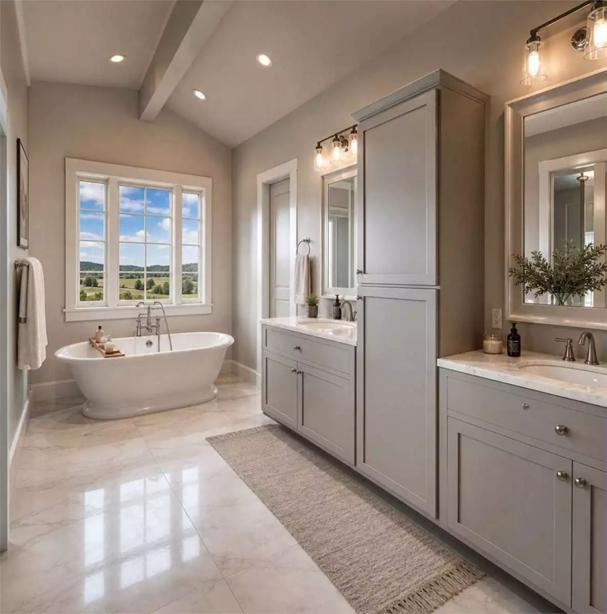 Marble Floors, Freestanding Tub, and a Window That Earns Every Square Foot Around It
