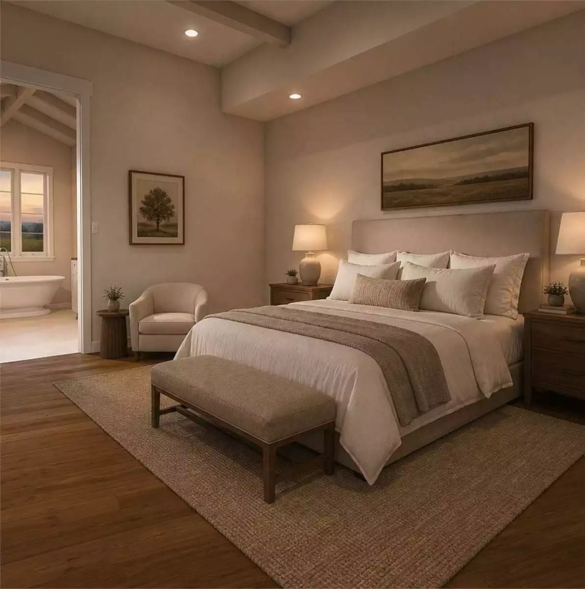 Warm Light and a Bench at the Foot of the Bed That Actually Earns Its Spot