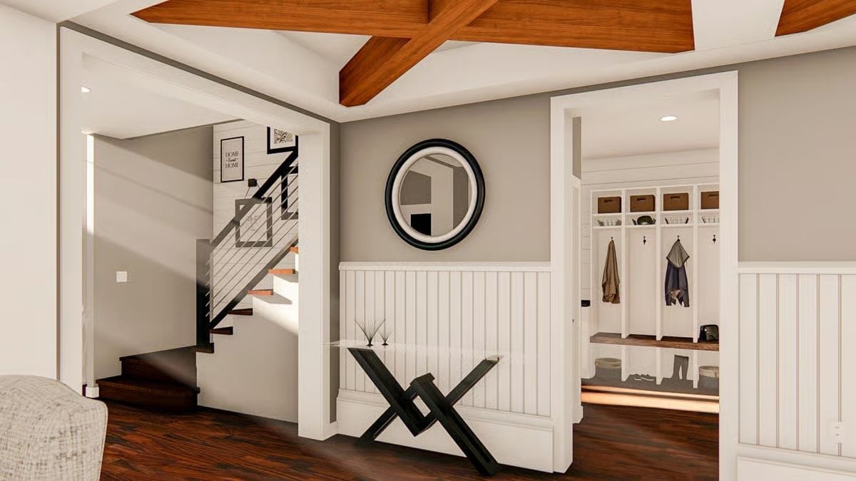 Beadboard Wainscoting and Exposed Beams Make This Entry Feel Like It Means Business