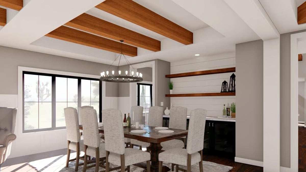 Round Chandelier, Exposed Beams, and a Built-In Bar Make Dinner Feel Like an Event