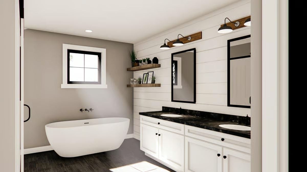 Shiplap Wall and Black Granite Counter Pull This Master Bath in Two Directions