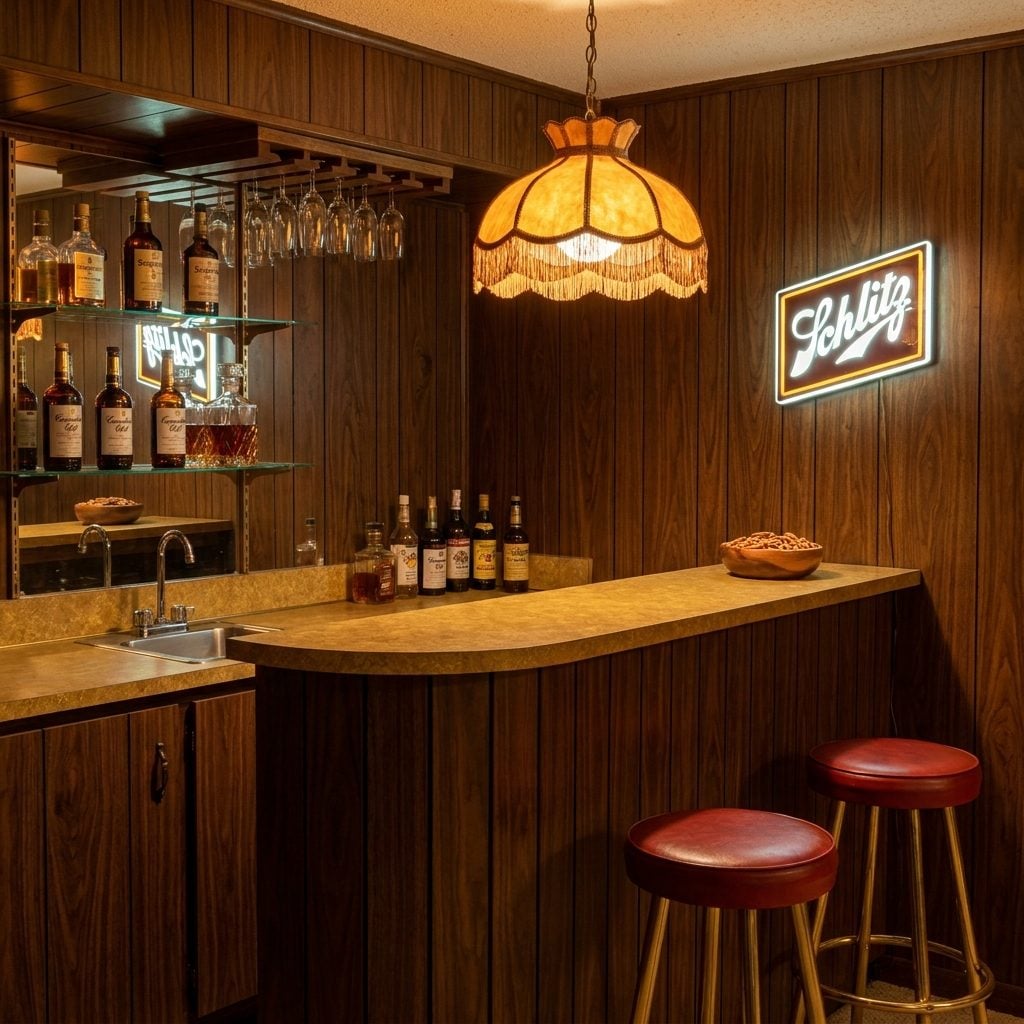 The Wet Bar With Paneling on the Bar Front and the Wall Behind It