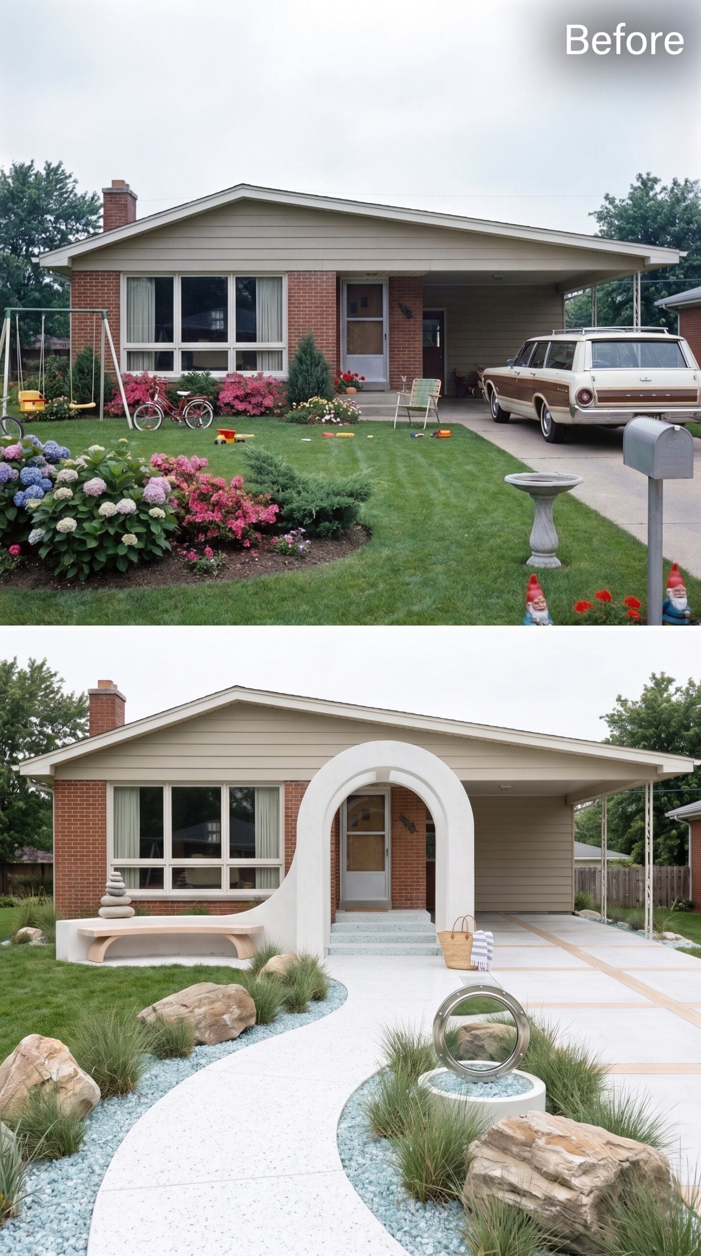 Arched Entry, Pale Aggregate, and a Front Yard Treated Like Sculpture