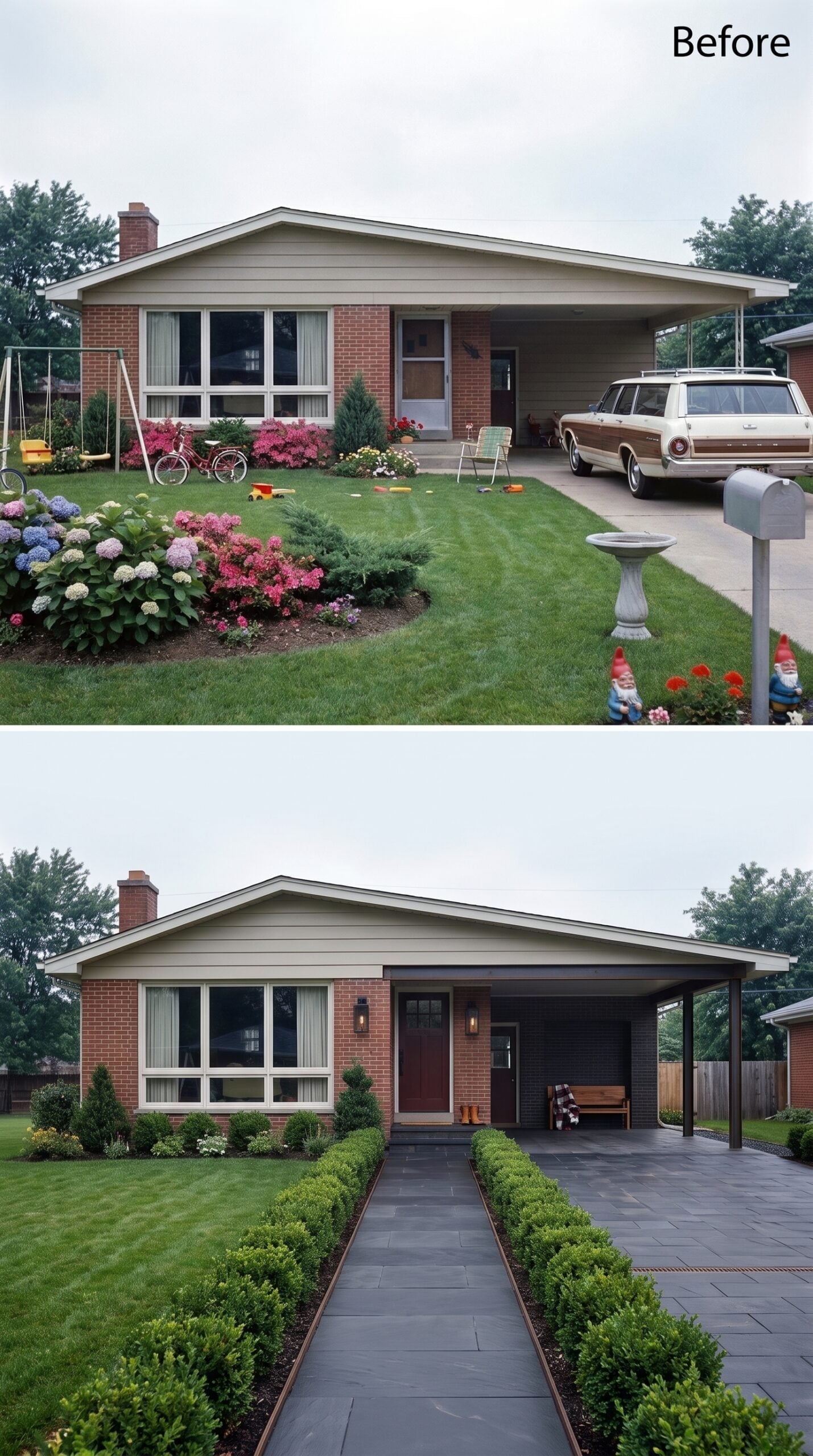 Boxwood Hedges, Slate Pavers, and a Covered Porch Built on Symmetry