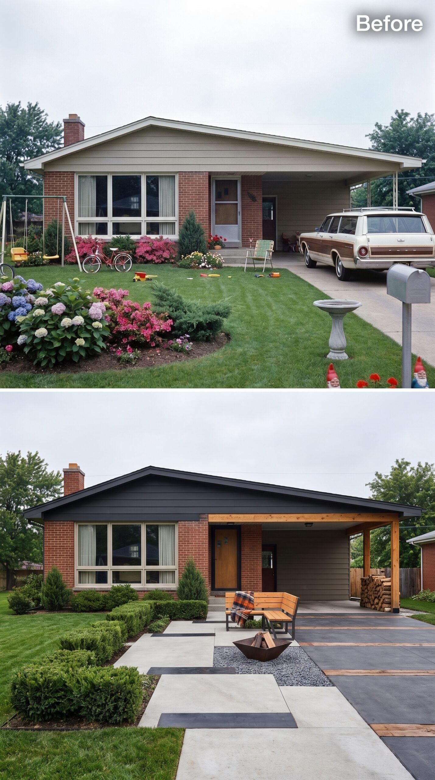 Cedar Posts, a Fire Bowl, and a Front Yard Organized in Layers