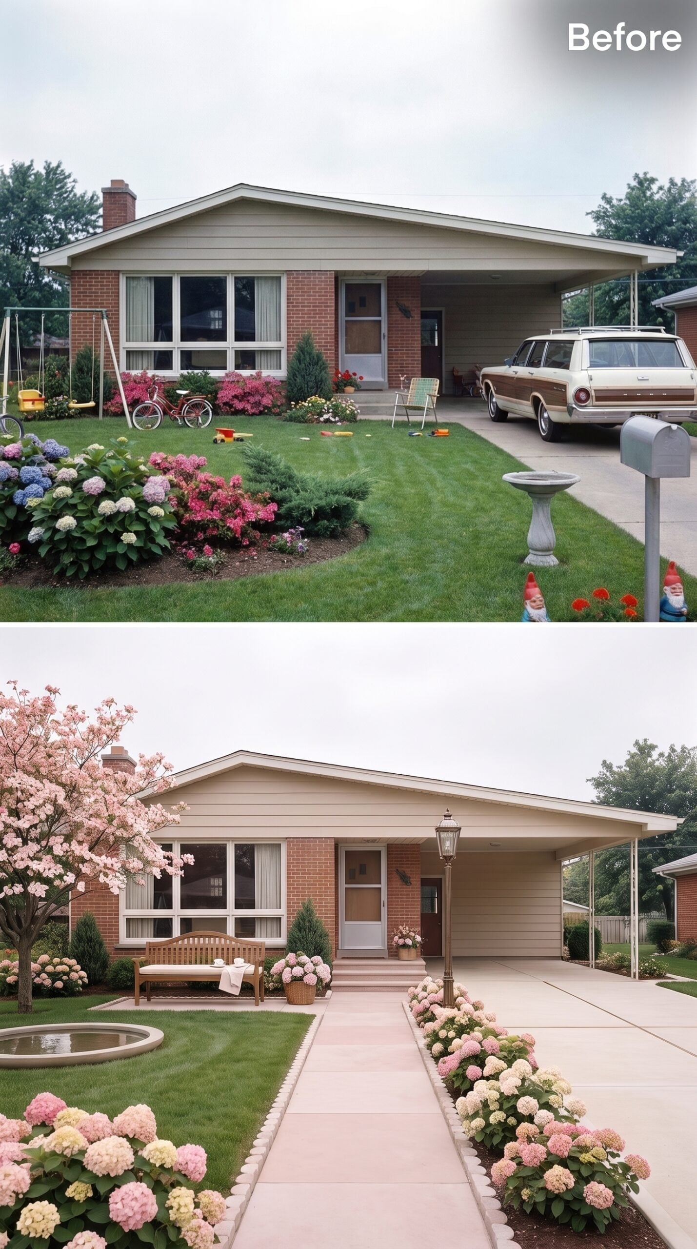 Flowering Cherry, a Bronze Lamp Post, and Hydrangeas Along the Approach