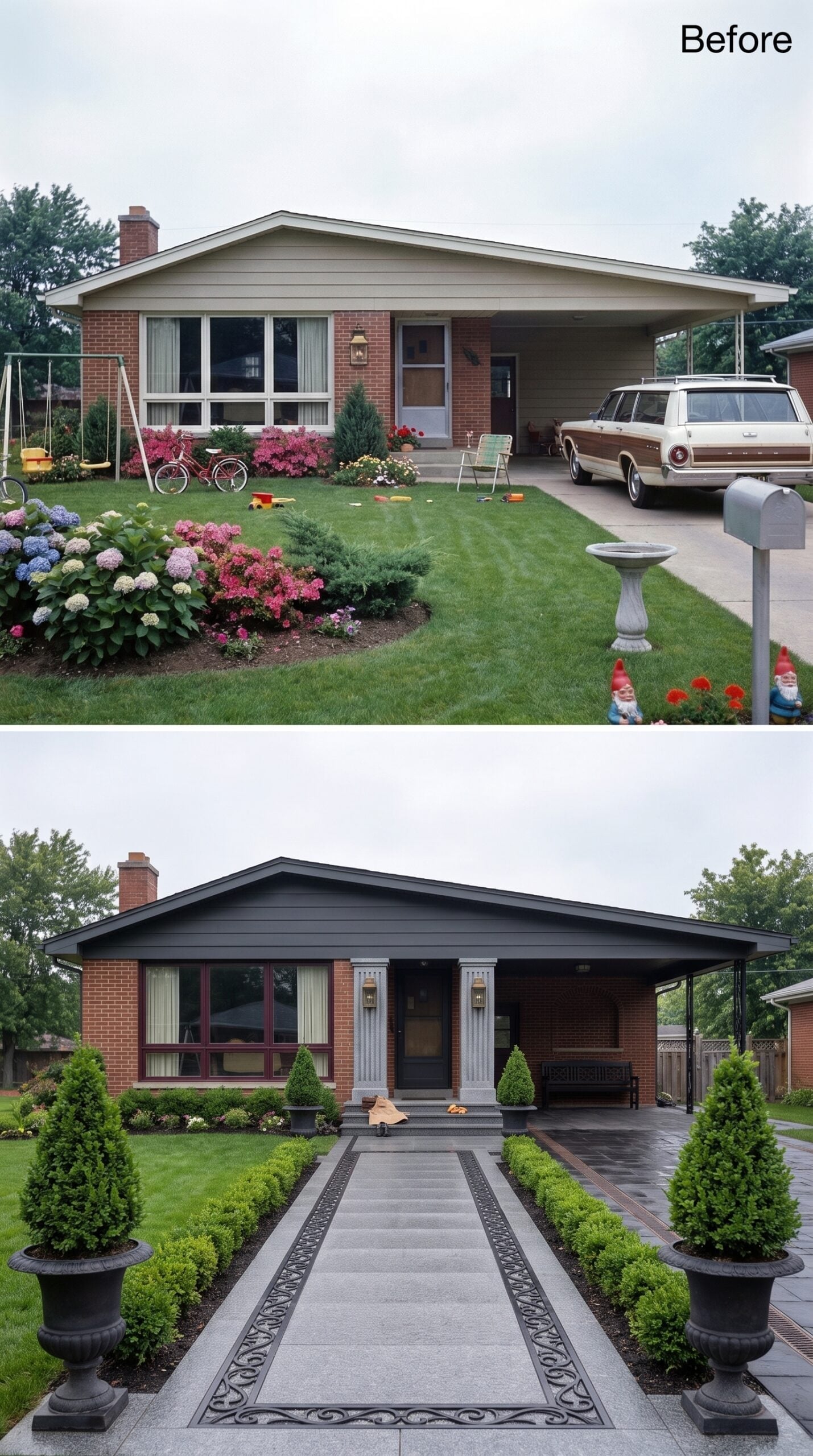 Granite Walkway, Fluted Columns, and a Metal Border That Defines the Entry