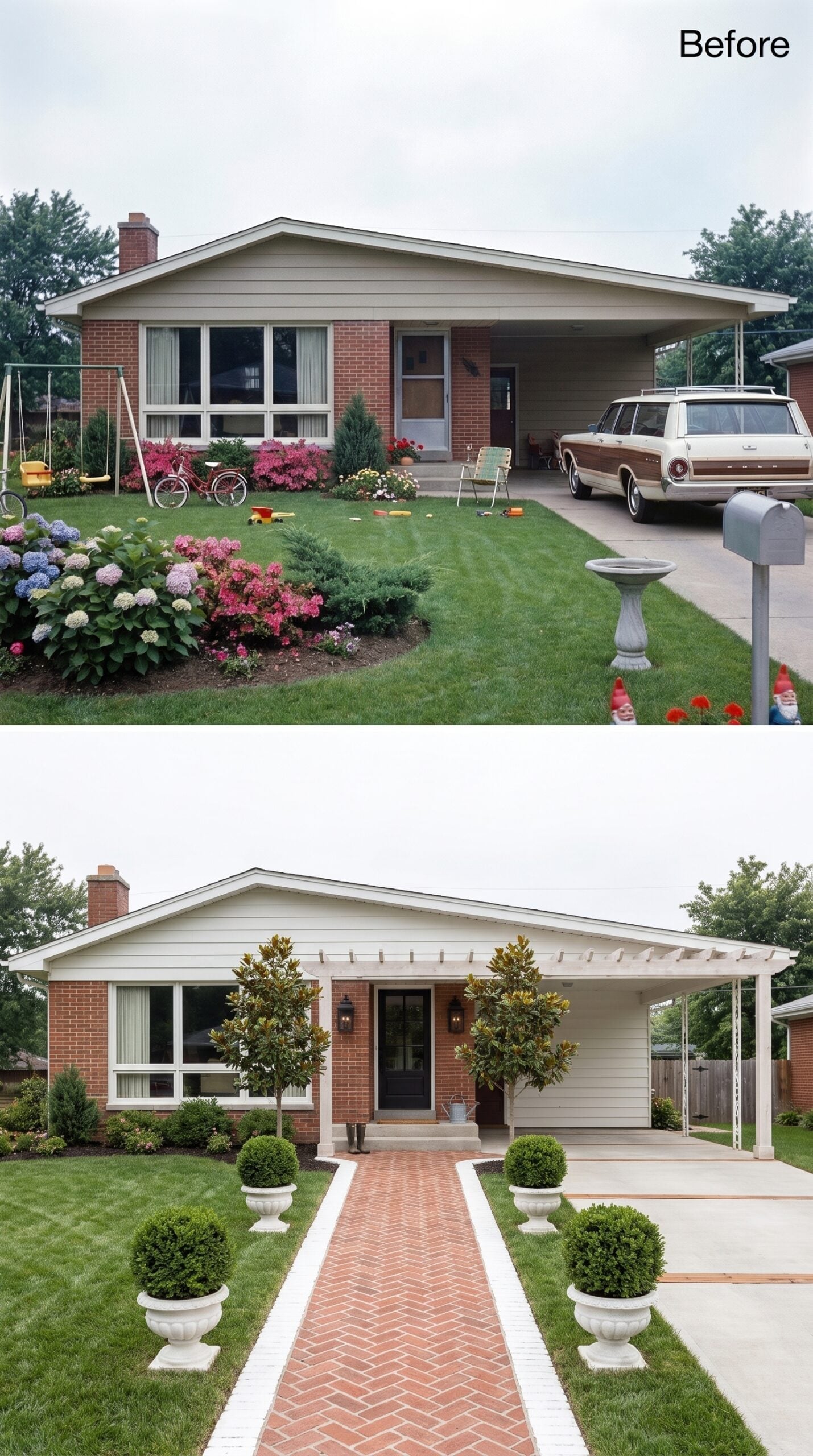 Herringbone Brick, Tree-Form Topiaries, and a Pergola Over the Carport