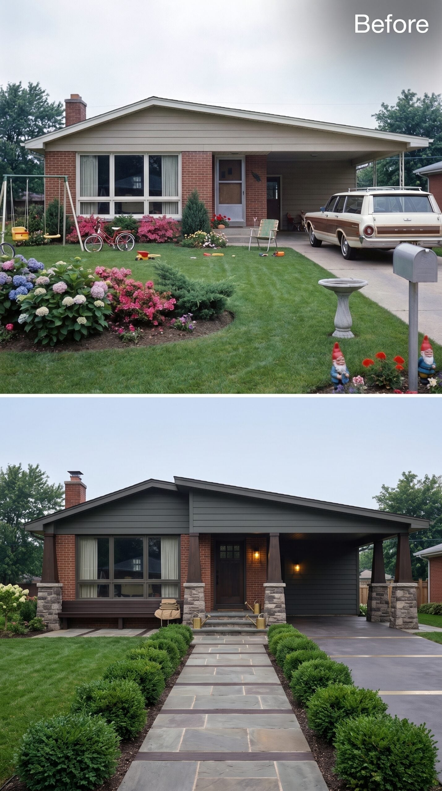 Stone Columns, Dark Siding, and a Porch With Architectural Weight
