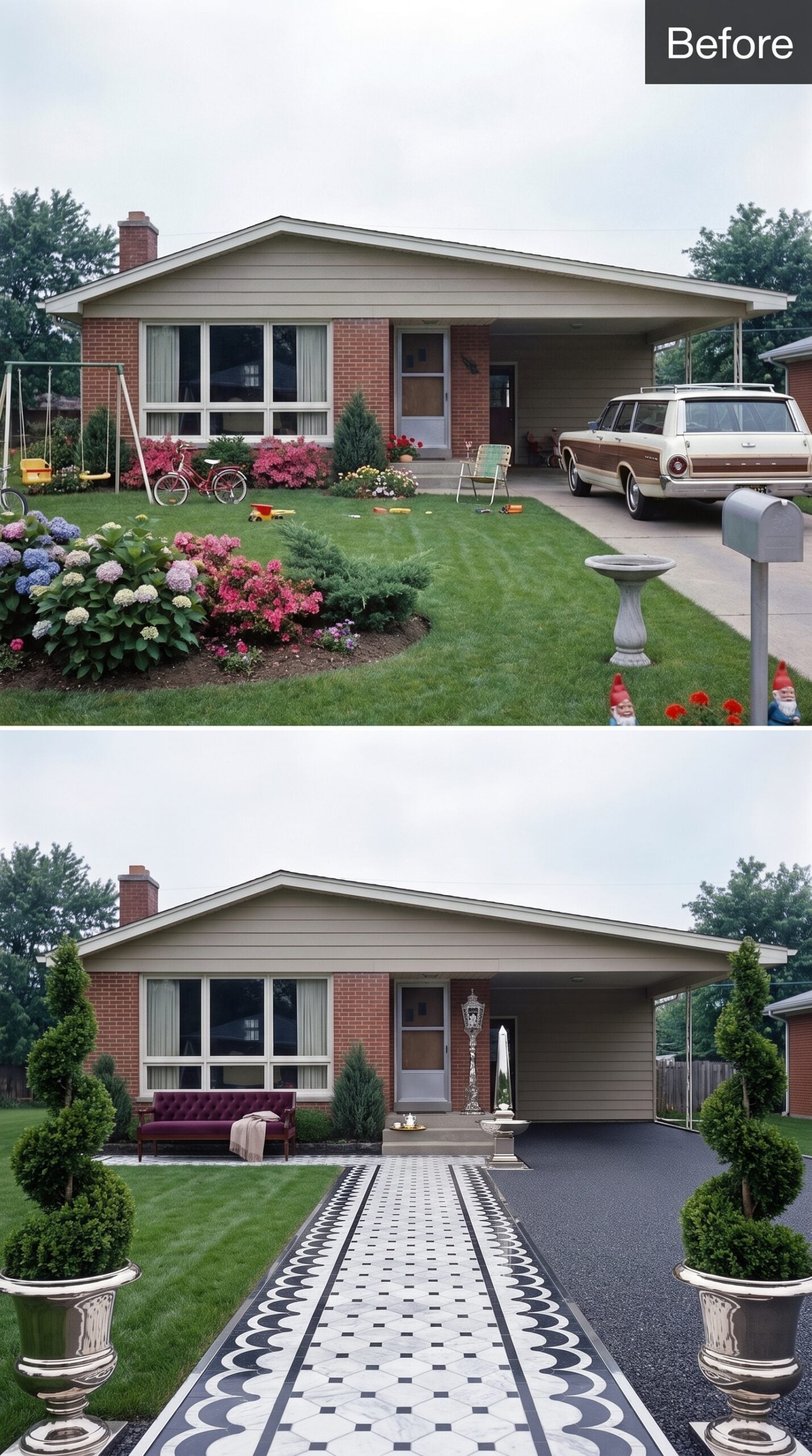 Topiaries, Plum Upholstery, and a Black-and-White Path With Nerve