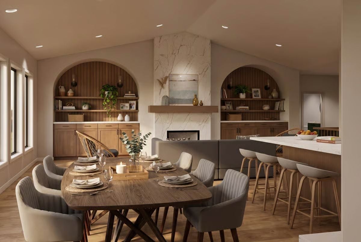 Arched Built-Ins and a Marble Fireplace That Actually Justify the Open Concept