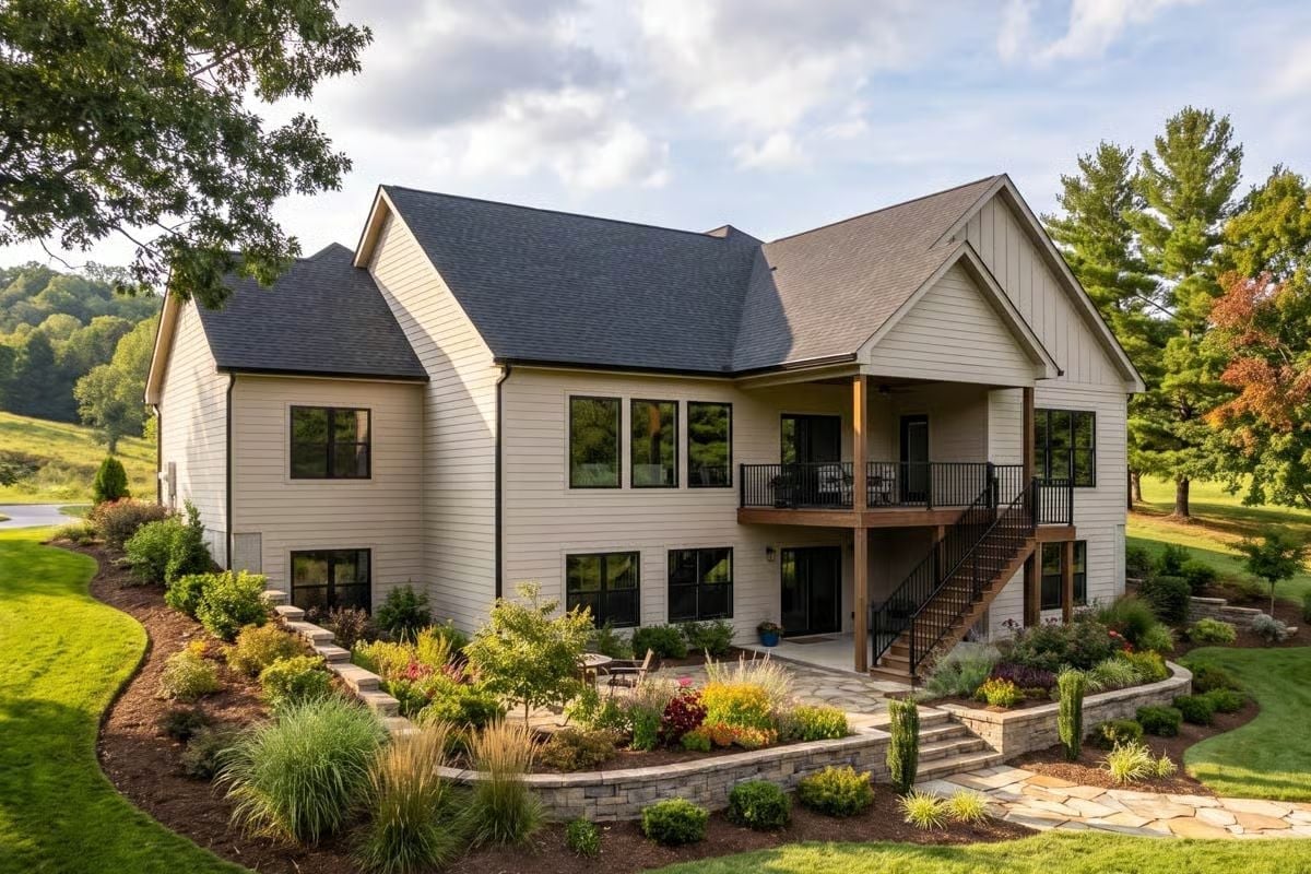 Covered Deck, Black Railings, and Tiered Gardens That Earn the Backyard