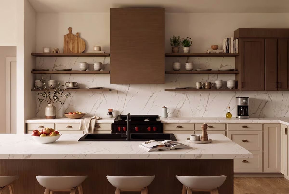 Marble Counters, Open Shelving, and a Hood That Owns the Room