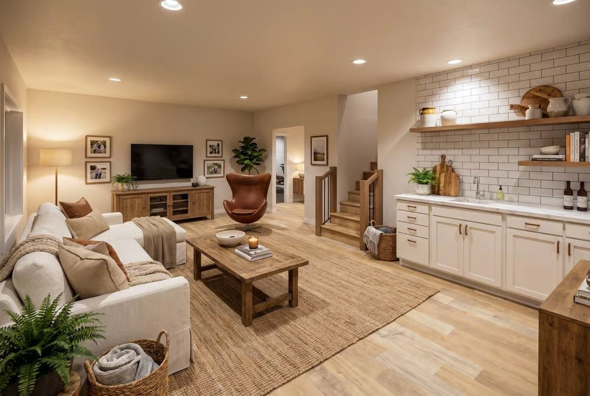 Subway Tile, a Leather Egg Chair, and a Wet Bar That Makes the Basement Worth Finishing