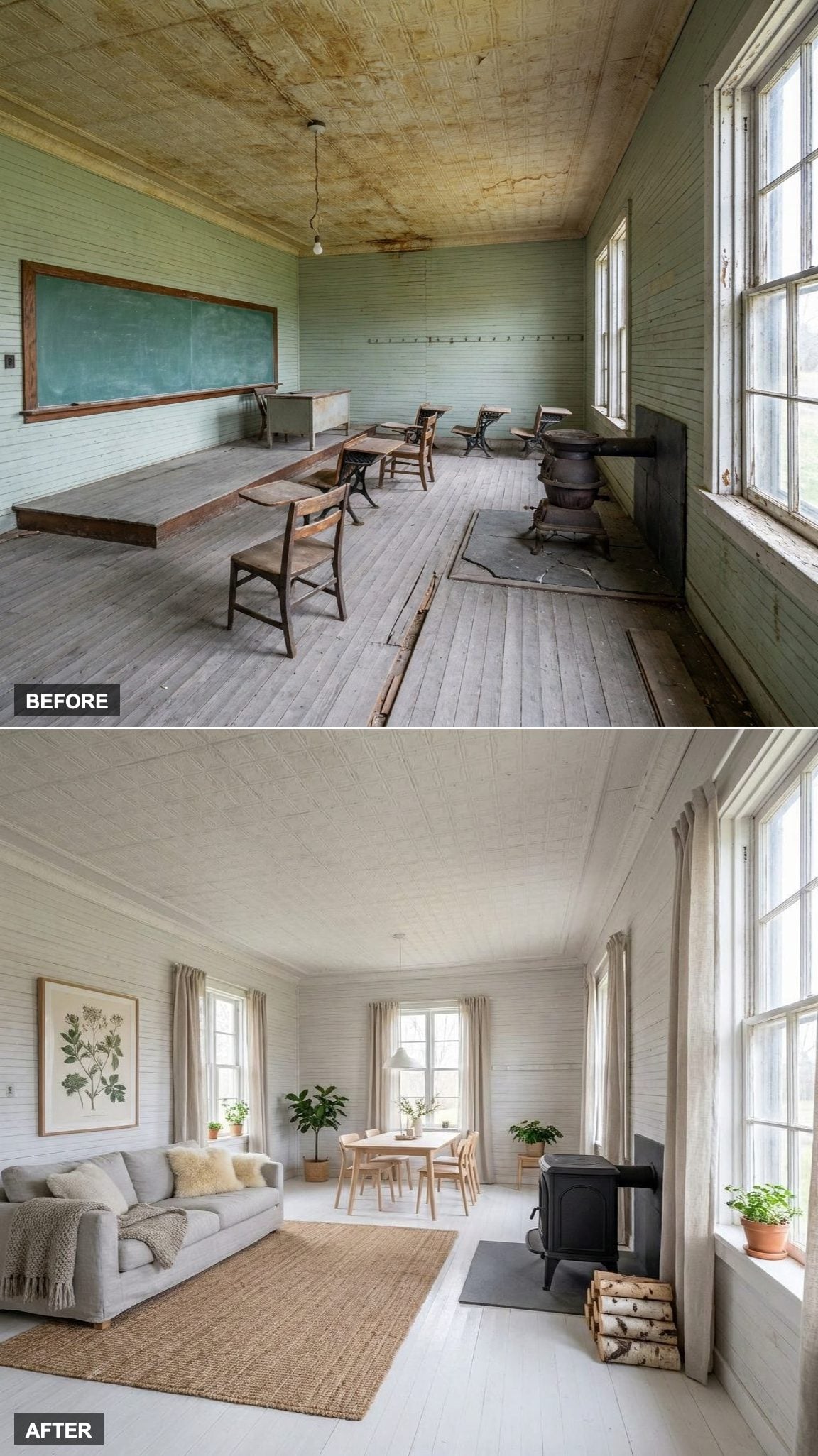 Whitewashed Wood and Soft Textiles Turn a Forgotten Schoolroom into a Scandinavian Family Retreat