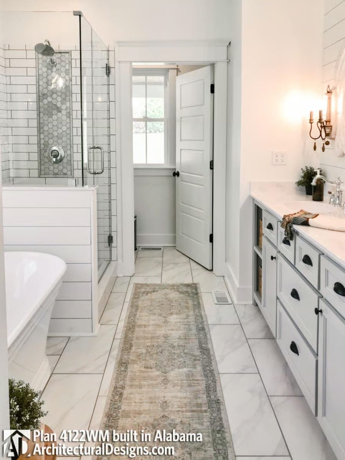 Dutch Door Entry and Hex Tile Accents Give This Master Bath Farmhouse Credentials
