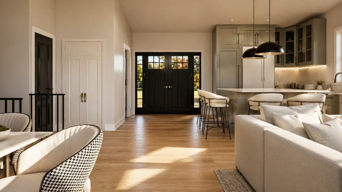 Black Double Doors, Brass Hardware, and a Floor That Actually Glows