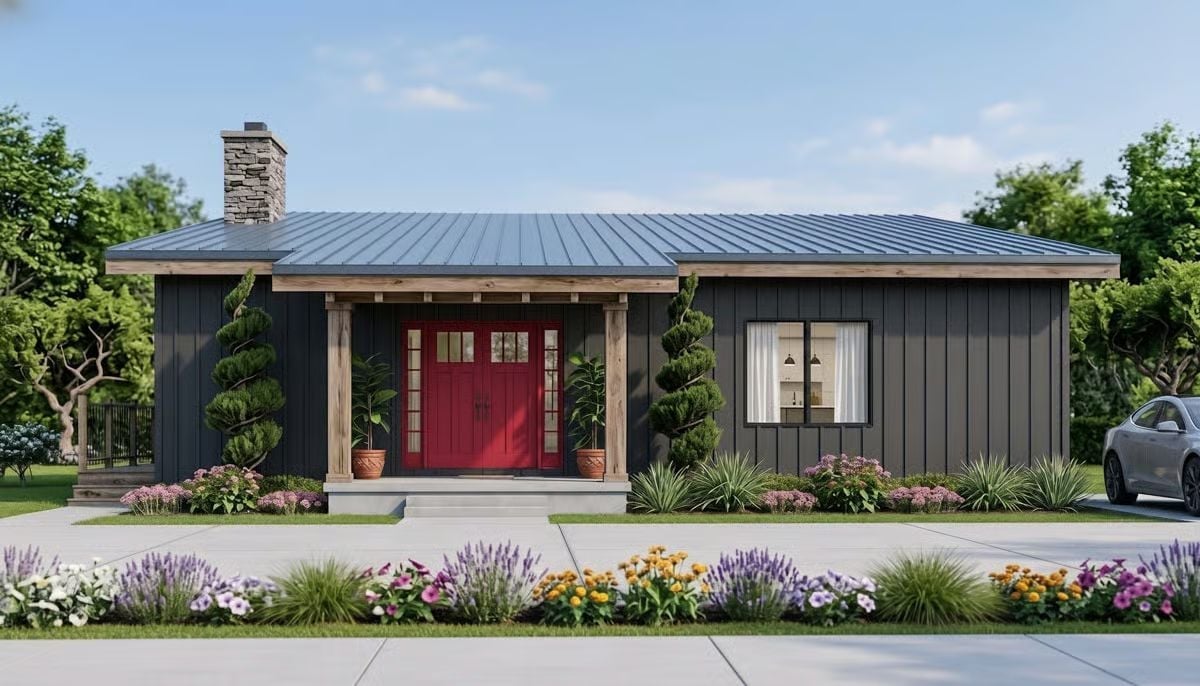 Dark Board-and-Batten Gets a Red Door and Earns Every Bit of It