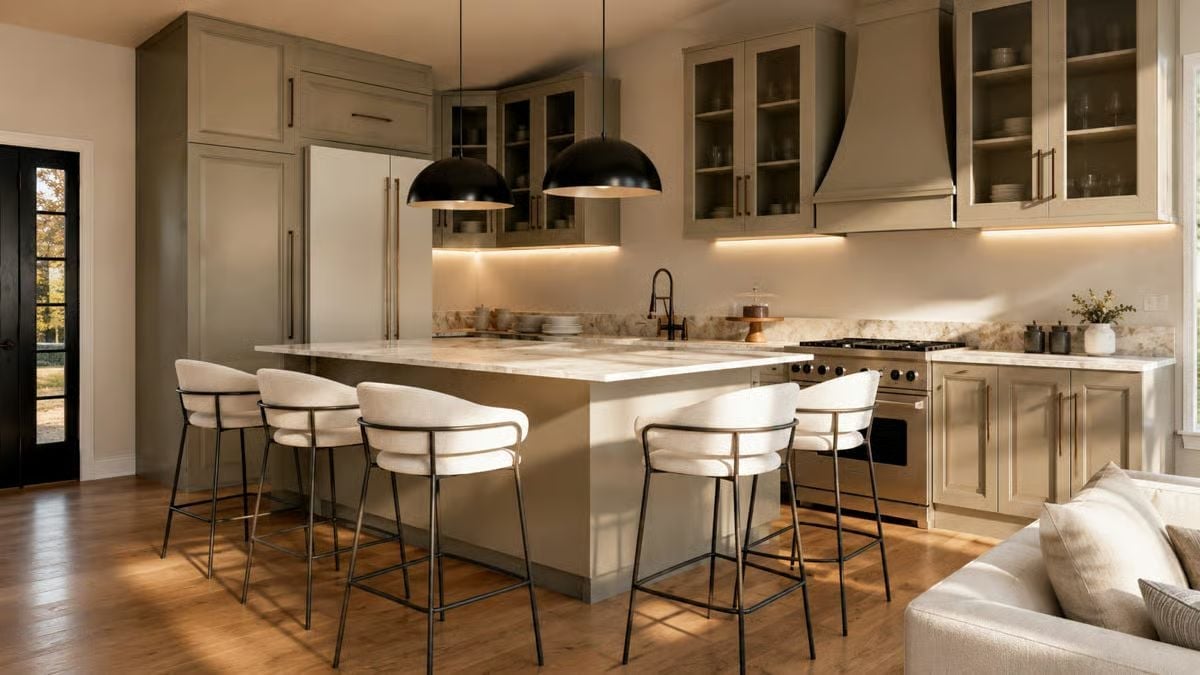 Greige Cabinets, Marble Island, and Pendants That Mean Business