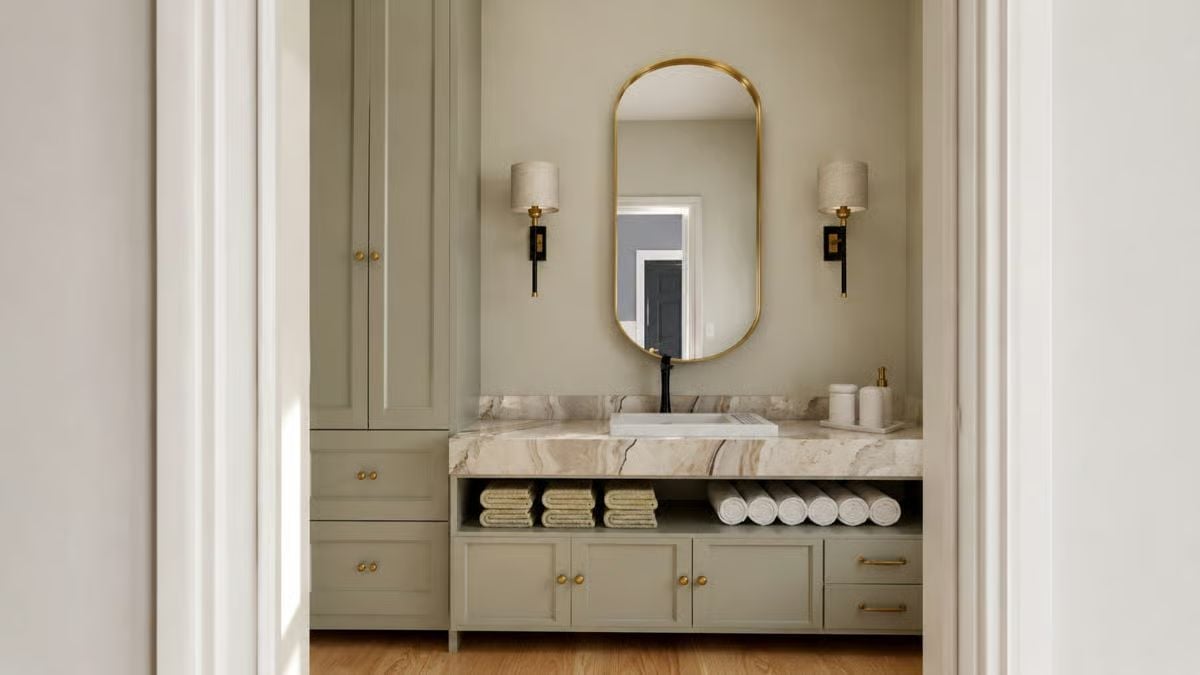 Sage Cabinets, Brass Hardware, and a Marble Vanity That Earns the Attention